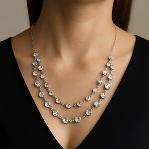 Swarovski Double Layer Crystal Necklace Silver Statement Jewelry